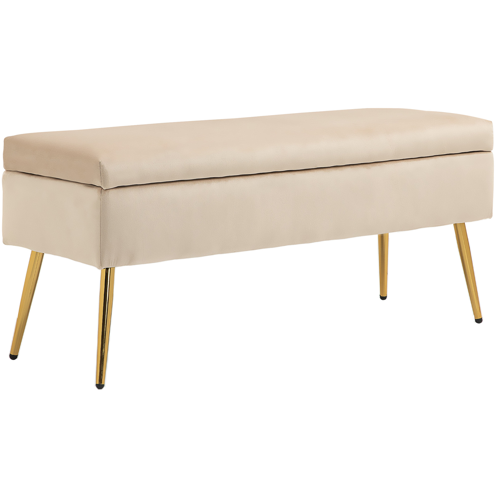 Banquette coffre style Art déco - piètement incliné effilé acier doré assise velours beige