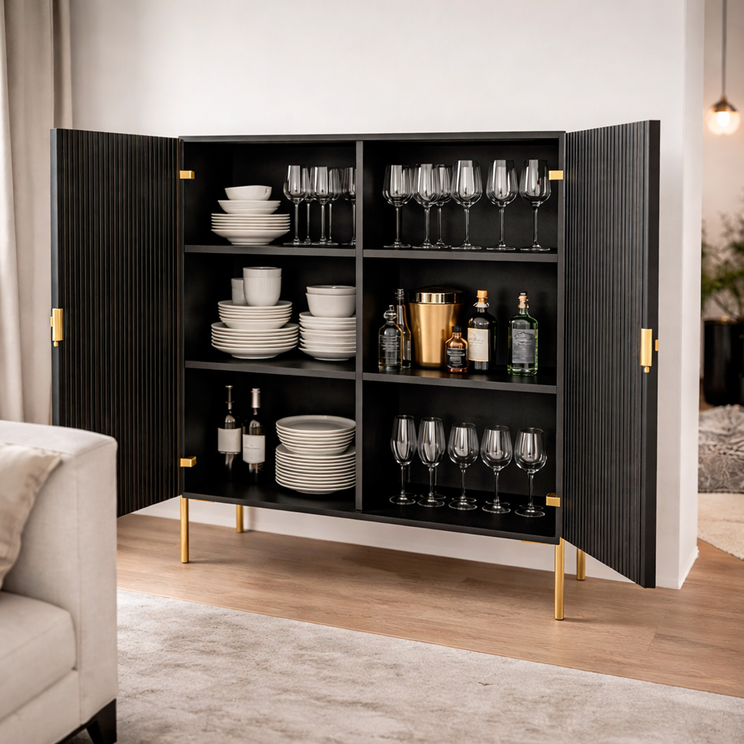 Credenza Mobile Contenitore 2 Ante Cannettate E Piedini Oro Madia Moderna con Ripiani Interni E Chiusura Soft Close 103.6 x 124 x 39.6 Cm Nero
