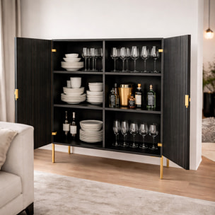 Credenza Mobile Contenitore 2 Ante Cannettate E Piedini Oro Madia Moderna con Ripiani Interni E Chiusura Soft Close 103.6 x 124 x 39.6 Cm Nero