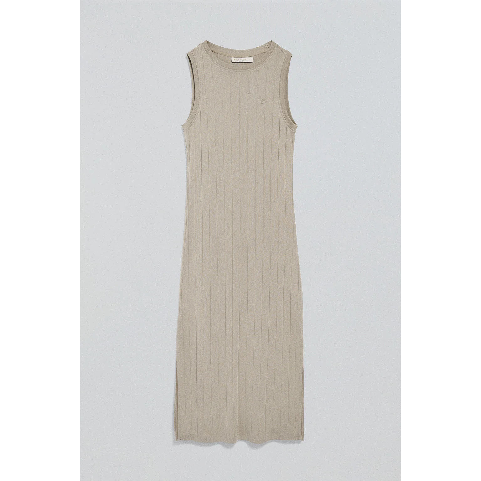 Vestido beige largo y acanalado con monograma bordado