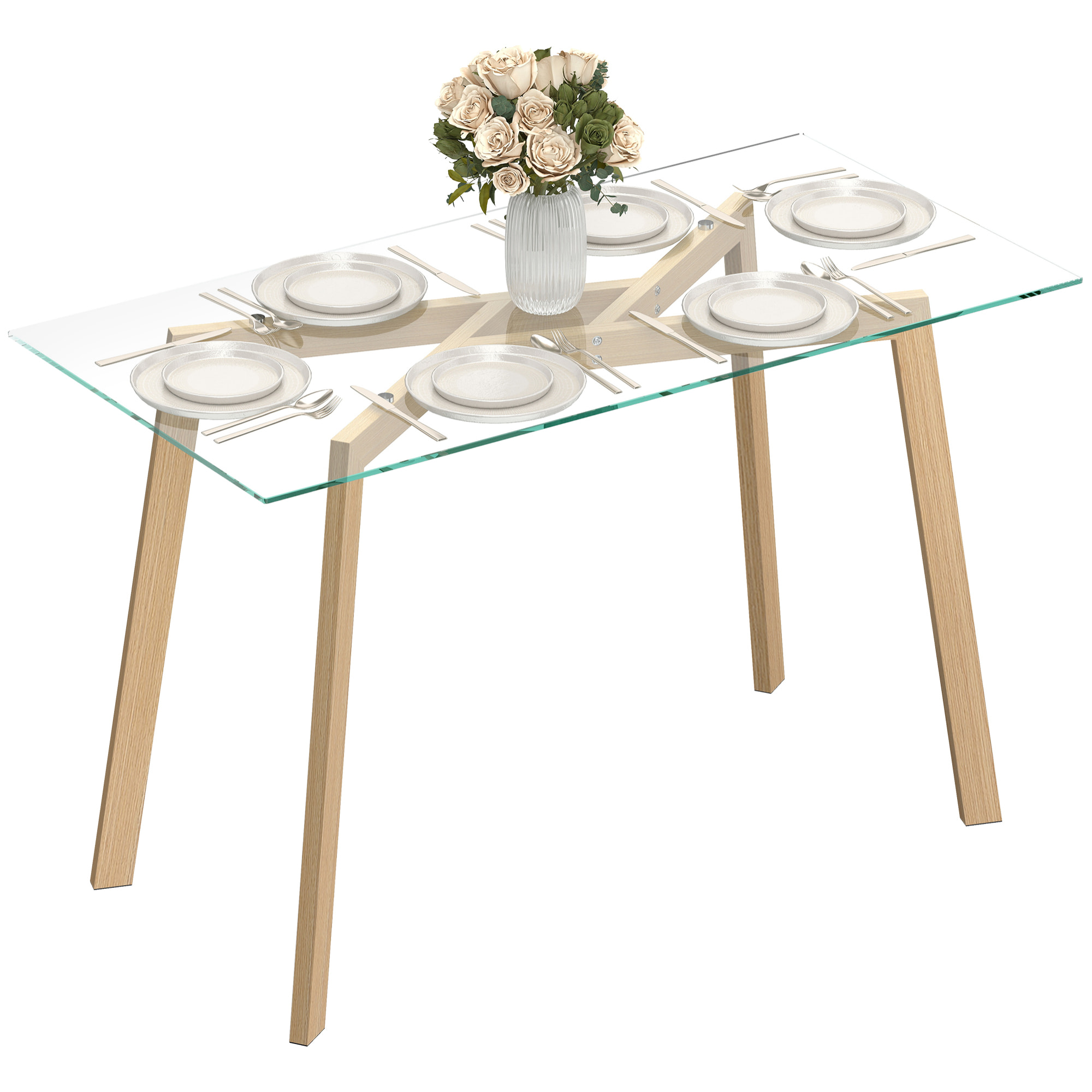 Mesa de Comedor Rectangular, Mesa de Cocina Moderna para 6 Personas con Patas de Acero y Superficie de Vidrio Templado, 150x75x76 cm, Transparente y Madera Natural