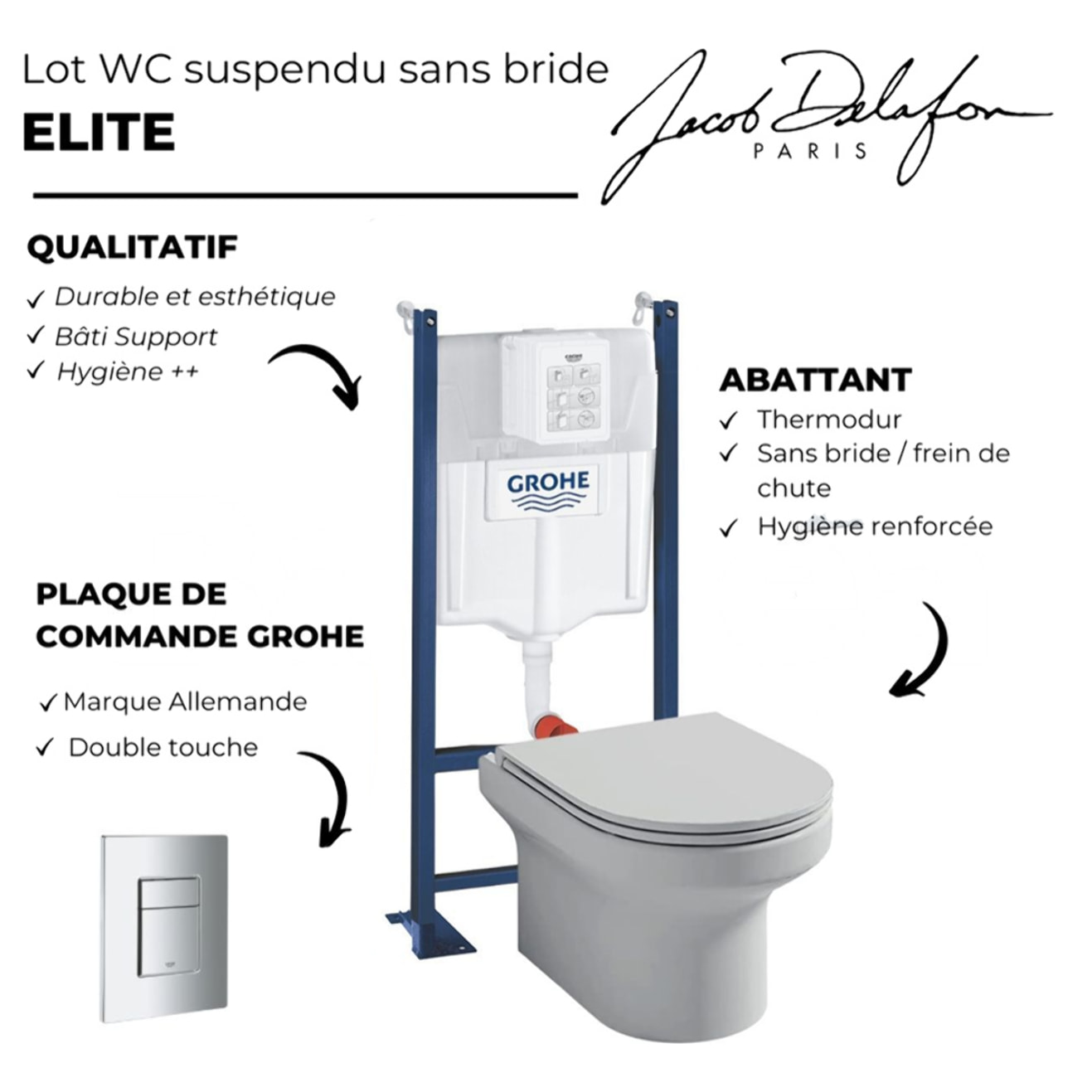 Pack WC suspendu sans bride + abattant + Bâti support + Even Plaque de commande WC carré chromé