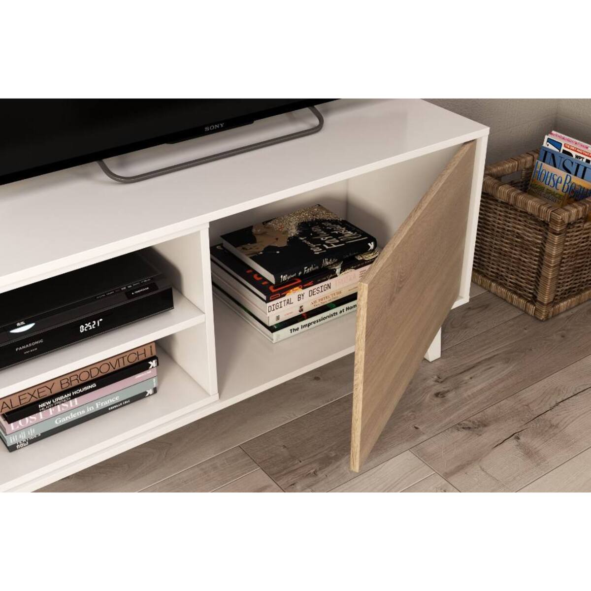 Parete attrezzata Buffalo, Mobile da soggiorno porta TV, Composizione per salotto con pensile, cm 180x41h51, Bianco e Rovere