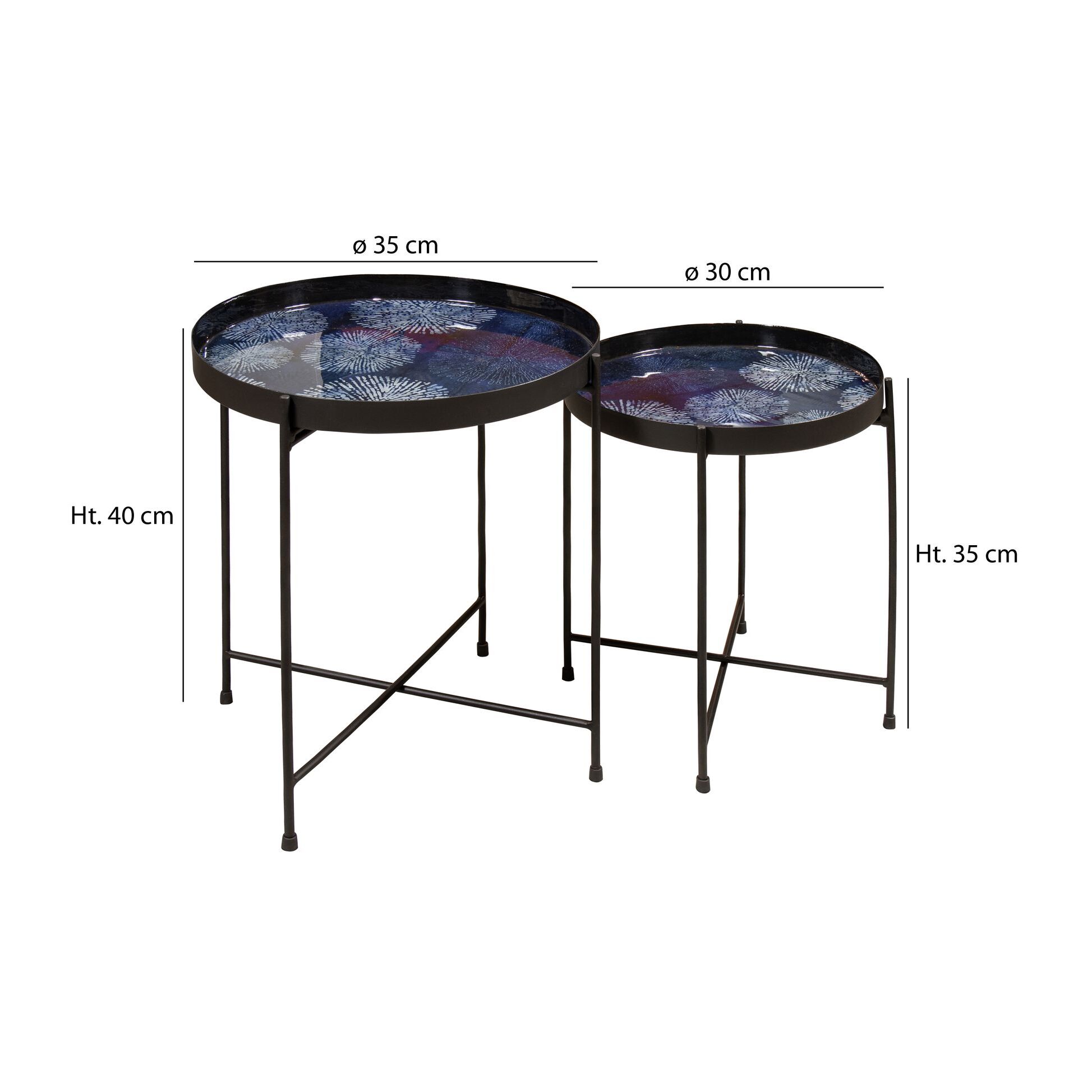 Set de 2 tables d'appoint avec plateau émaillé bleu GELA