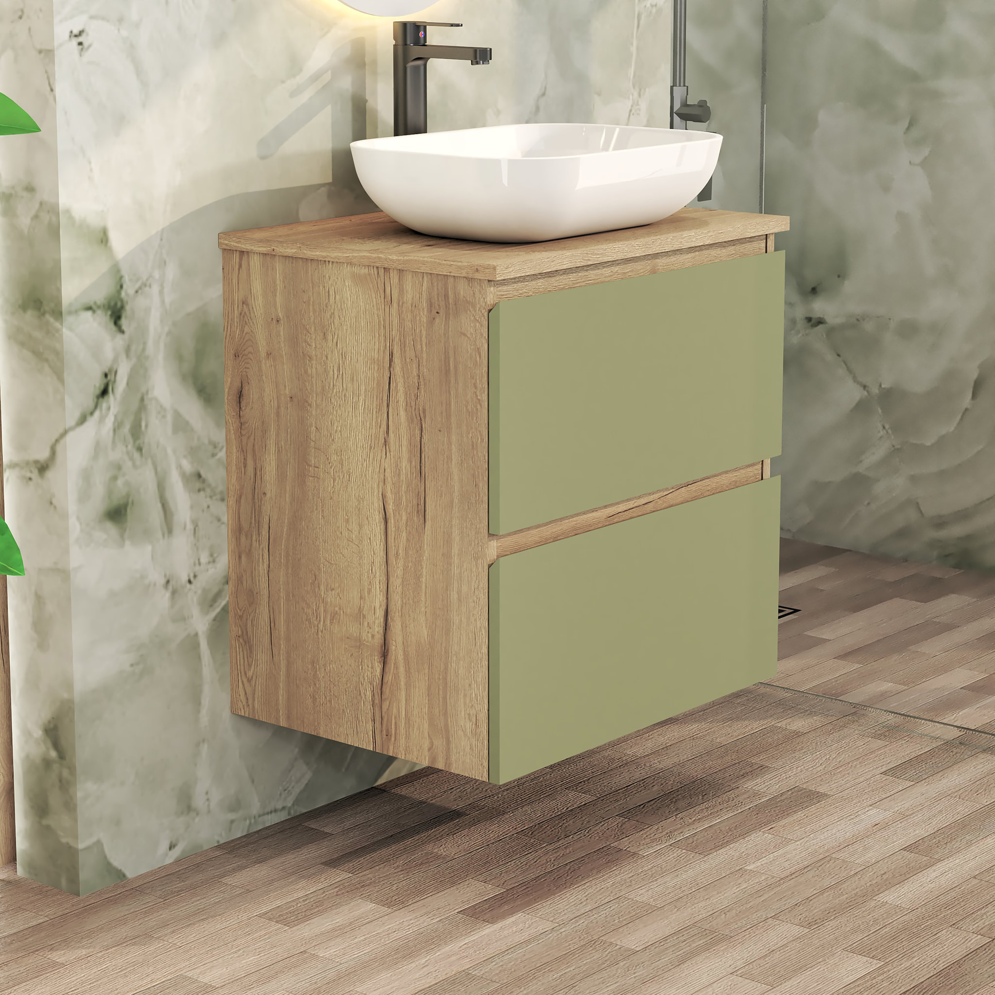 CONJUNTO DE BAÑO NIA | MUEBLE SUSPENDIDO | 60 CM VERDE | DOS CAJONES | LAVABO SOBREPUESTO | NO INCLUYE ESPEJO | MUEBLE MONTADO| ALDAY