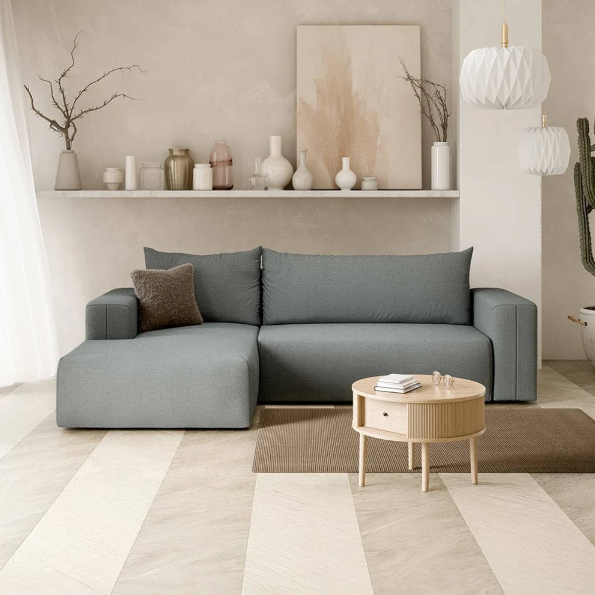NALA - Canapé d'angle gauche convertible 4 places en tissu gris clair