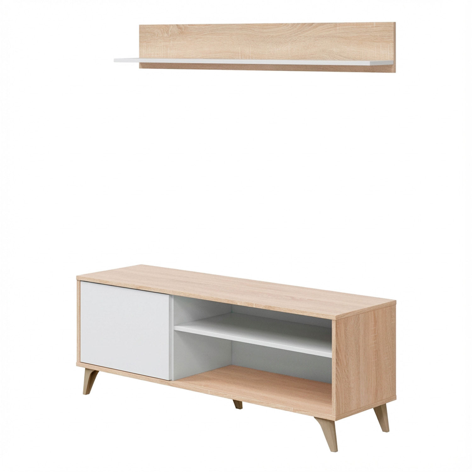 Mobile TV Con Mensola Parete Attrezzata In Stile Nordico Da 135 Cm Con Anta Push E Vani Multimediali Mobile Porta TV 135 x 50 x 40 Cm Rovere E bianco