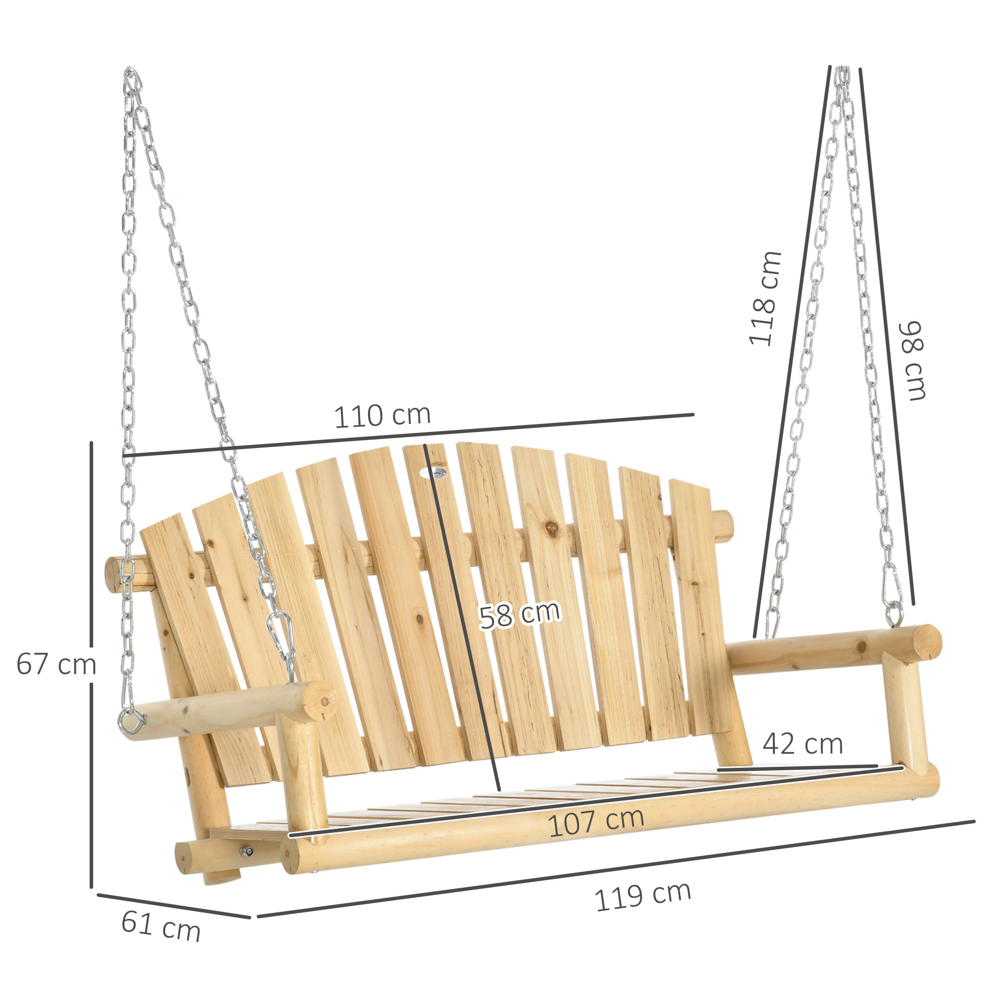 Banc suspendu 2 places charge max. 200 Kg - assise dossier à lattes, chaînes incluses - bois