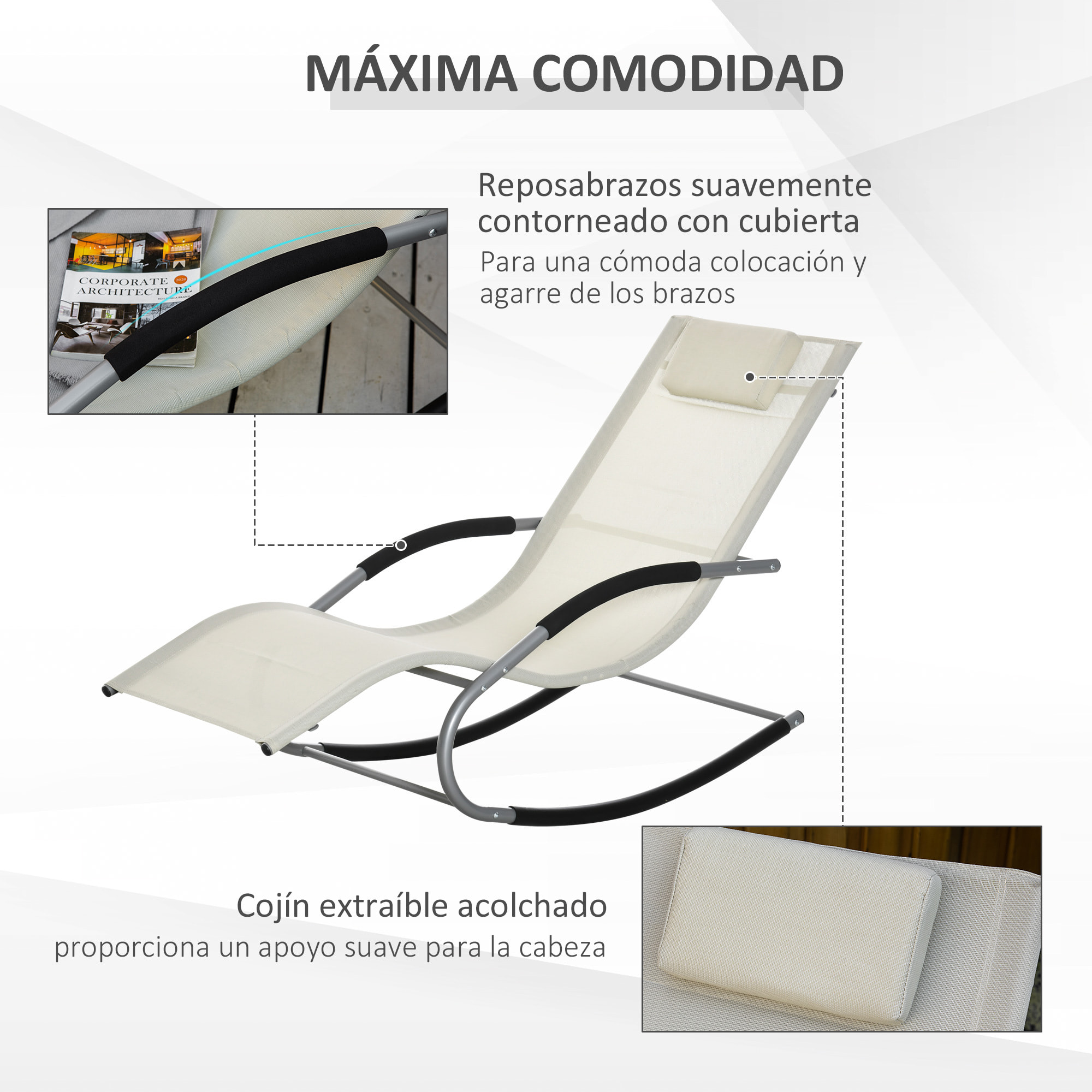 Outsunny Tumbona Mecedora de Jardín con Reposacabezas Tejido Transpirable Beige