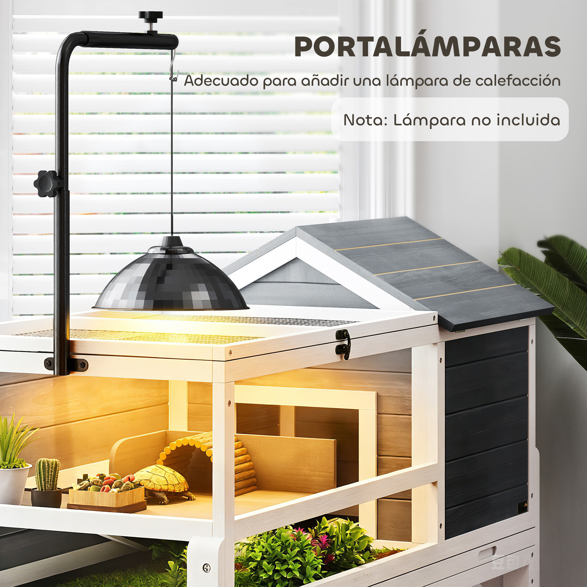 Casa para Tortugas de Madera, Terrario para Reptiles con Soporte para Lámpara Ajustable, Techos Abatibles, Bandeja Extraíble, Estante de Almacenaje y Paneles Transparentes, Caseta para Tortugas