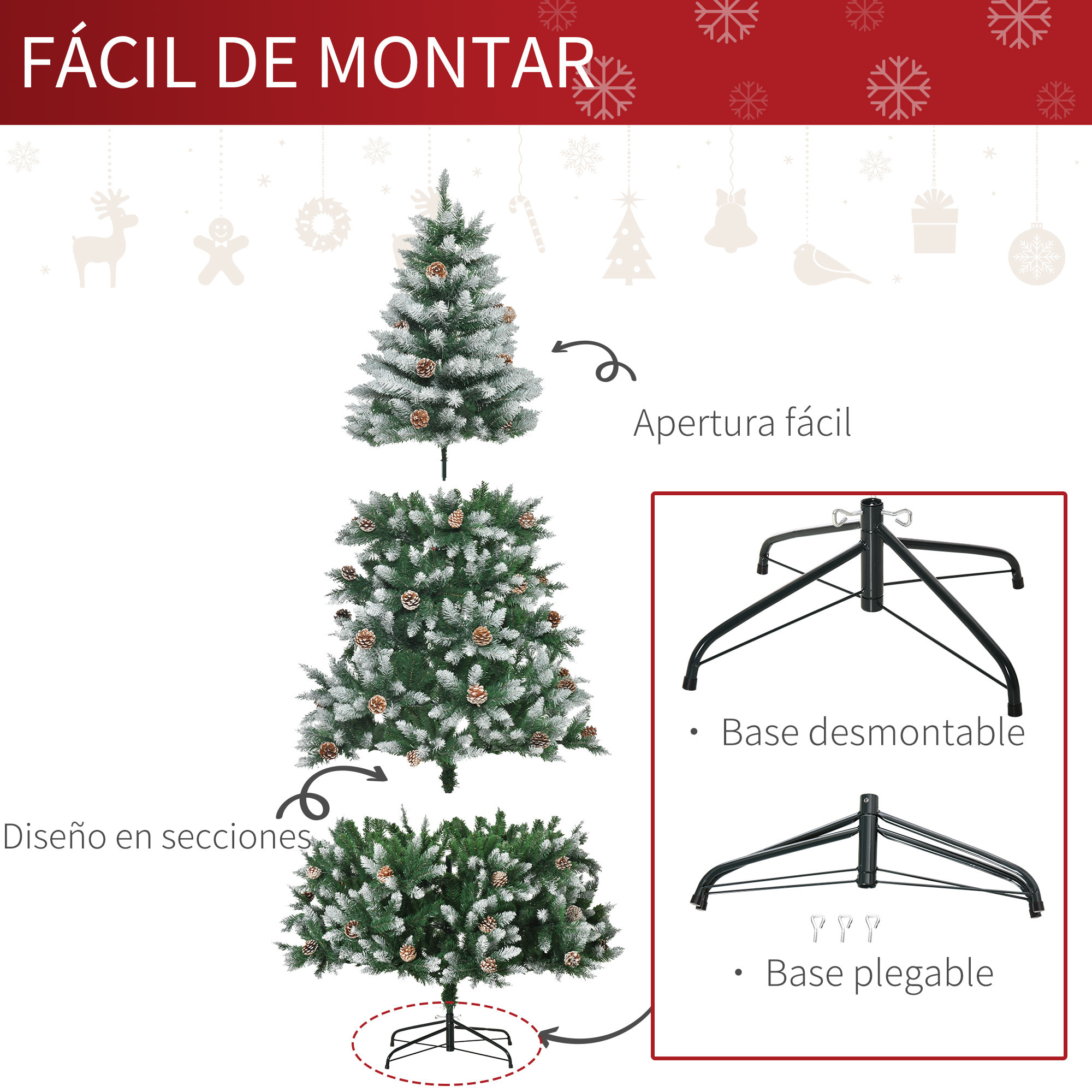 HOMCOM árbol de Navidad Artificial Ø105x210 cm con 1440 Puntas de PVC y 75 Piñas con Ramas Apertura Automática Base Plegable y Soporte de Acero para Interiores Verde