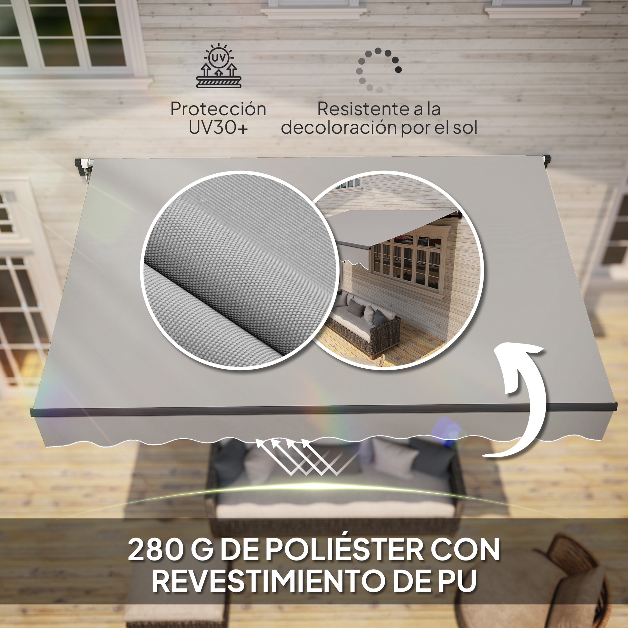 Toldo Manual Retráctil 360x220 cm Toldo para Balcón con Manivela de Aluminio 3 Brazos y Protección UV30+ Toldo Enrollable de Exterior para Jardín Terraza Ventanas Gris