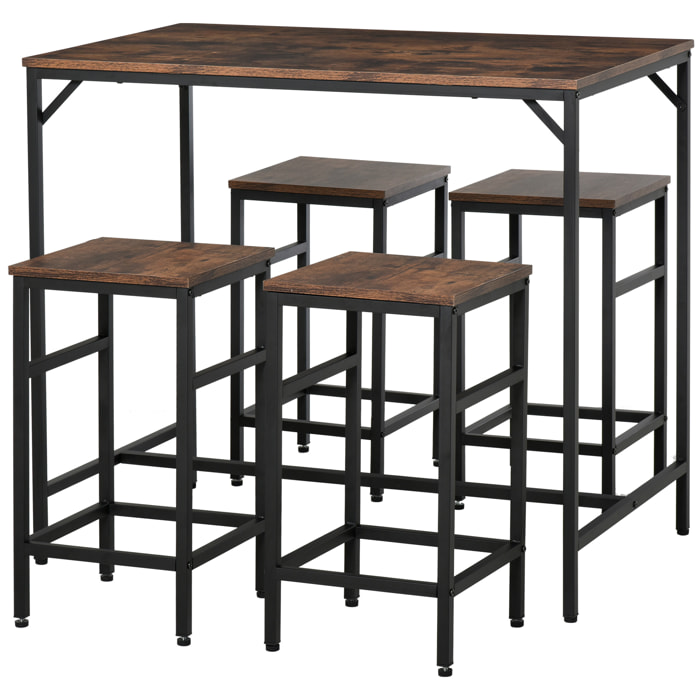 Ensemble table de bar 4 tabourets design industriel métal noir aspect bois