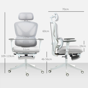 Silla de Escritorio de Malla Silla de Oficina Reclinable con Reposacabezas Giratoria Soporte Lumbar Reposapiés Reposabrazos 3D y Altura Regulable Función Basculante Carga 135 kg Gris