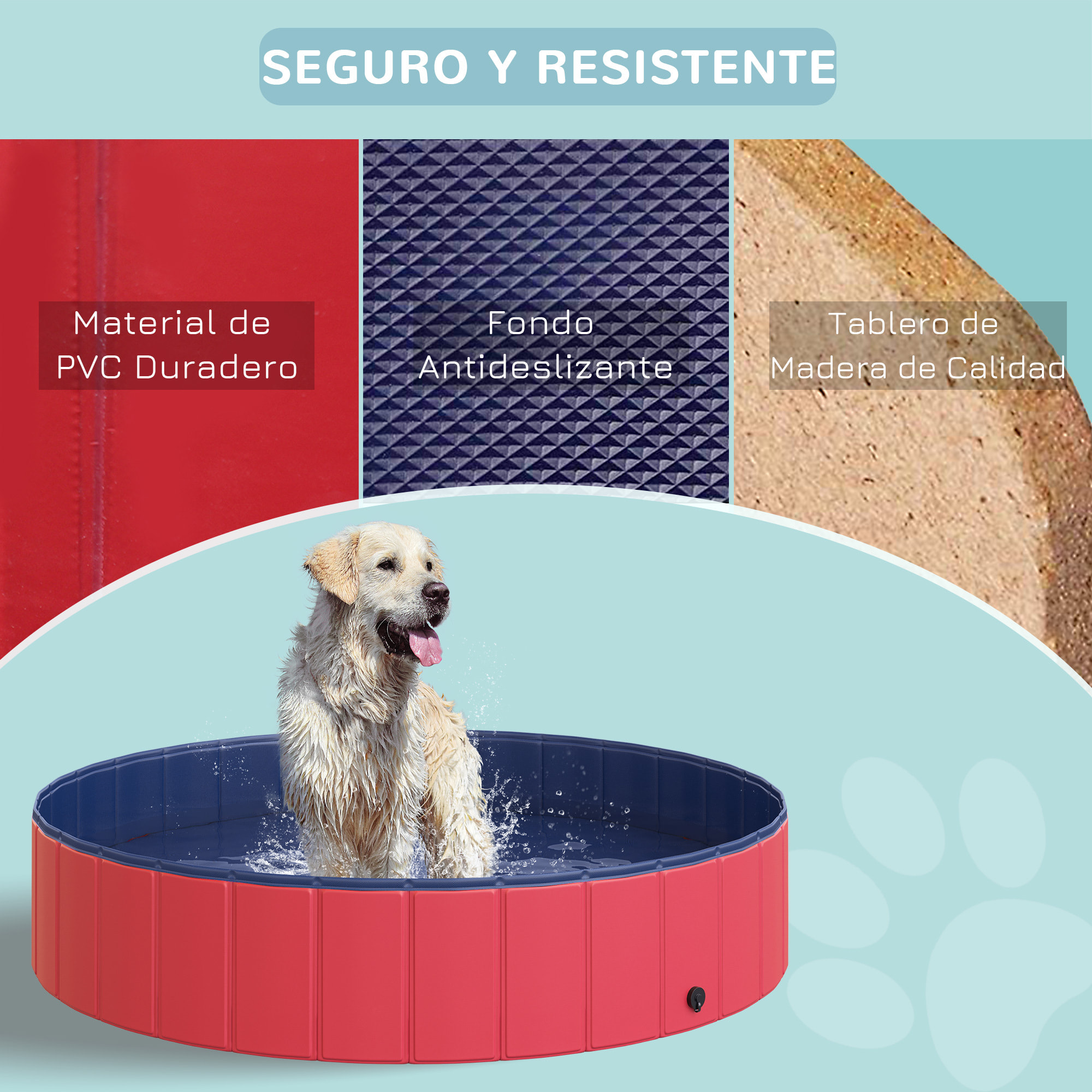 Bañera Plegable para Mascotas de PVC y Madera 140x30cm Rojo