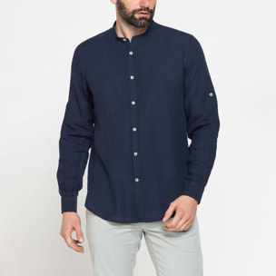 CAMICIA COREANA IN MISTO LINO E LYOCELL A TINTA UNITA