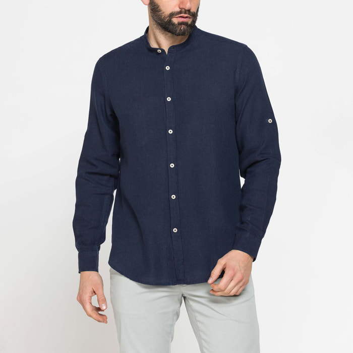 CAMICIA COREANA IN MISTO LINO E LYOCELL A TINTA UNITA
