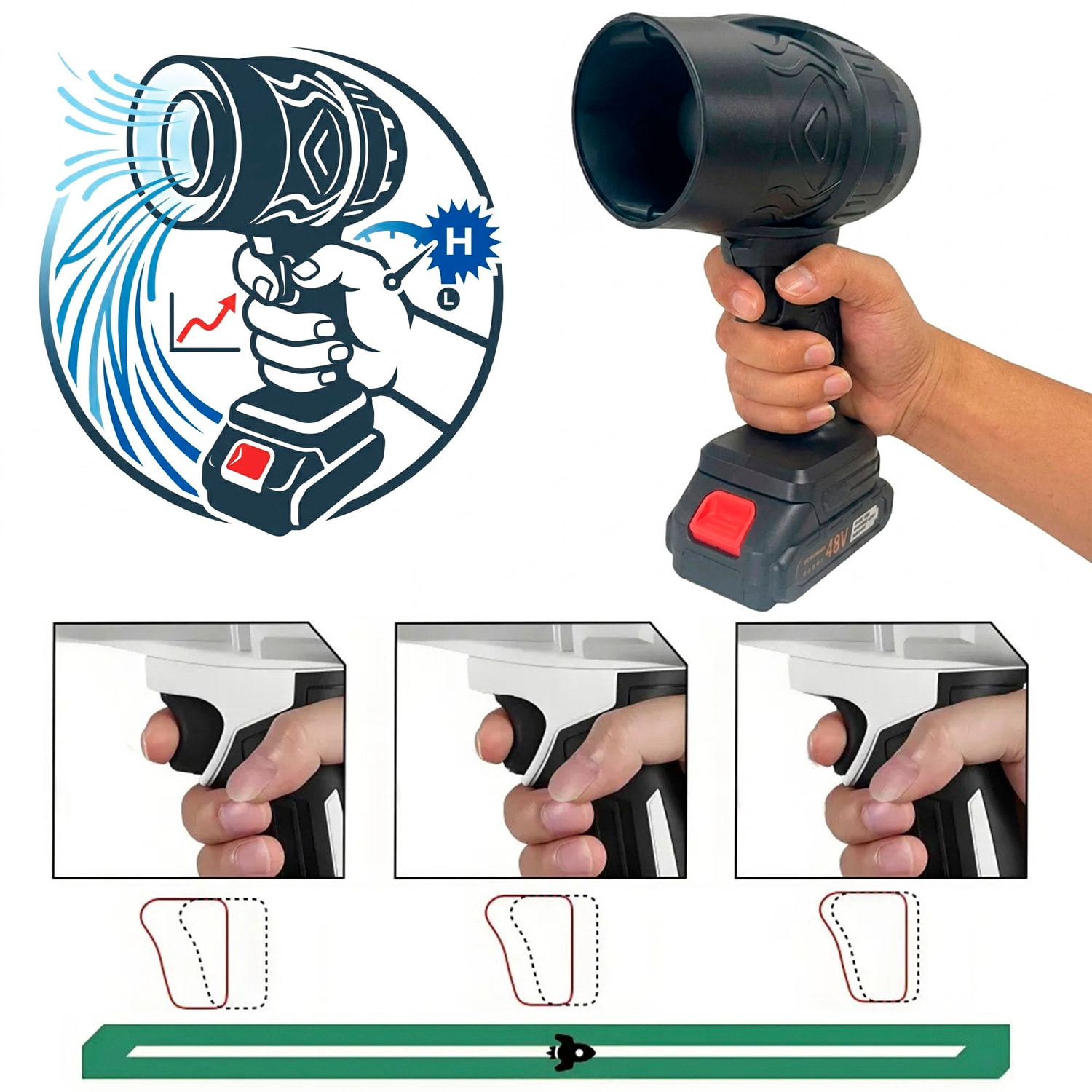 Soplador inalámbrico con motor sin escobillas, velocidad regulable, 1500W y dos baterías de 6000mAh.