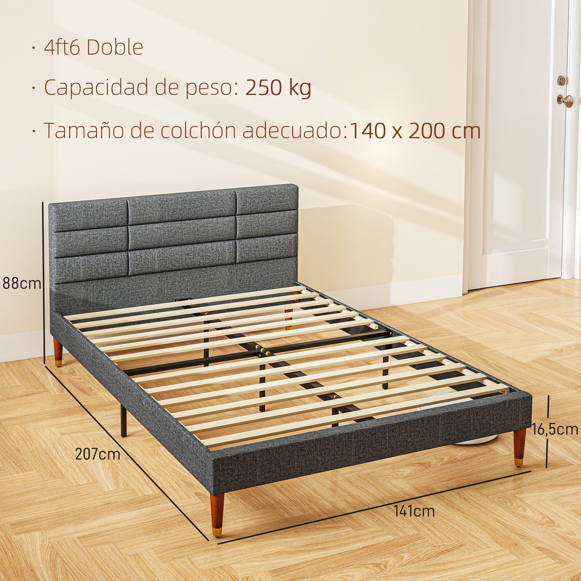 Cama 140x200 cm Estructura de Cama Somier con Cabecera Tapizada de Lino y Espacio de Almacenamiento Debajo de la Cama Carga 250 kg Gris