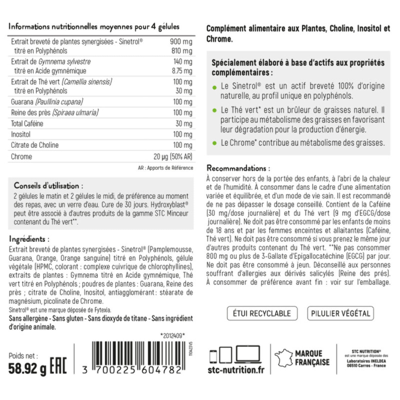 STC NUTRITION - Hydroxyblast - Complément alimentaire brûle-graisse extra fort et coupe-faim - Perte de poids - Ingrédients d'origine naturelle - Actif breveté Sinetrol - 100% vegan - Pilulier de 120 gélules végétales