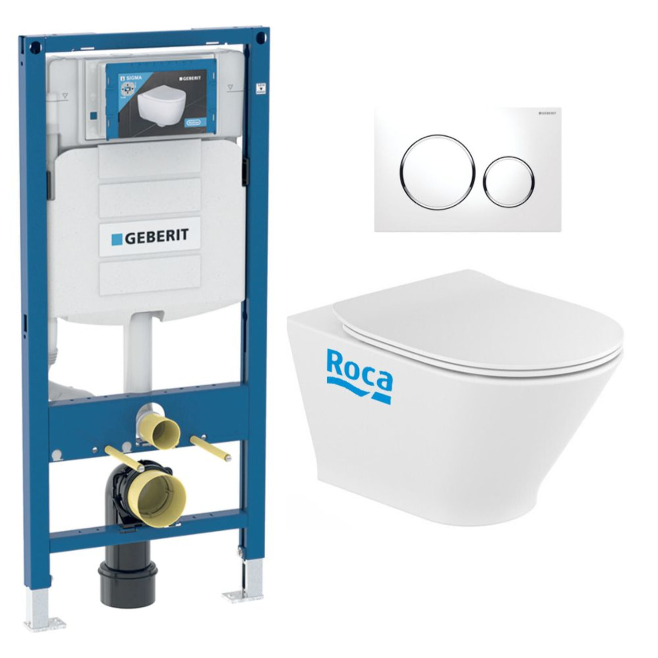Pack WC Bati-support Geberit avec Cuvette Roca The Gap fixations invisibles + Abattant  + Plaque blanc chrome (GebGapRimless-C)