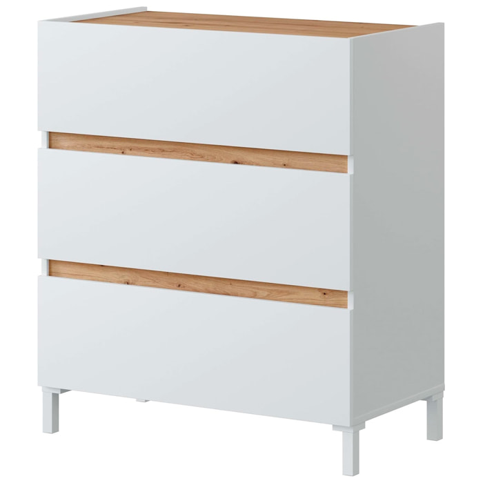 Cassettiera Stile Nordico A 3 Cassetti Gambe Rialzate E Guide Metalliche Mobile Camera Letto Design Moderno 79 x 90.5 x 41 Cm Colore Bianco E Rovere