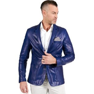 Blazer in pelle naturale bluette con taschino e fazzoletto