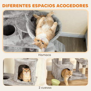 Árbol Rascador para Gatos Grande, Árbol para Gatos, Altura 170 cm, Torre de Escalada con 7 Postes, 1 Túnel, 3 Plataformas, 2 Cuevas, 1 Hamaca, 1 Percha, 1 Rampa, Pompones, Gris Claro
