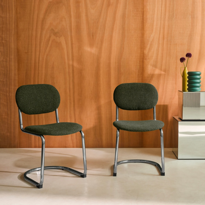 Lot de 2 chaises cantilever arrondie métal. bouclette texturée kaki et pieds chromés - L 47 x P 54.5 x H 81cm - Maloa