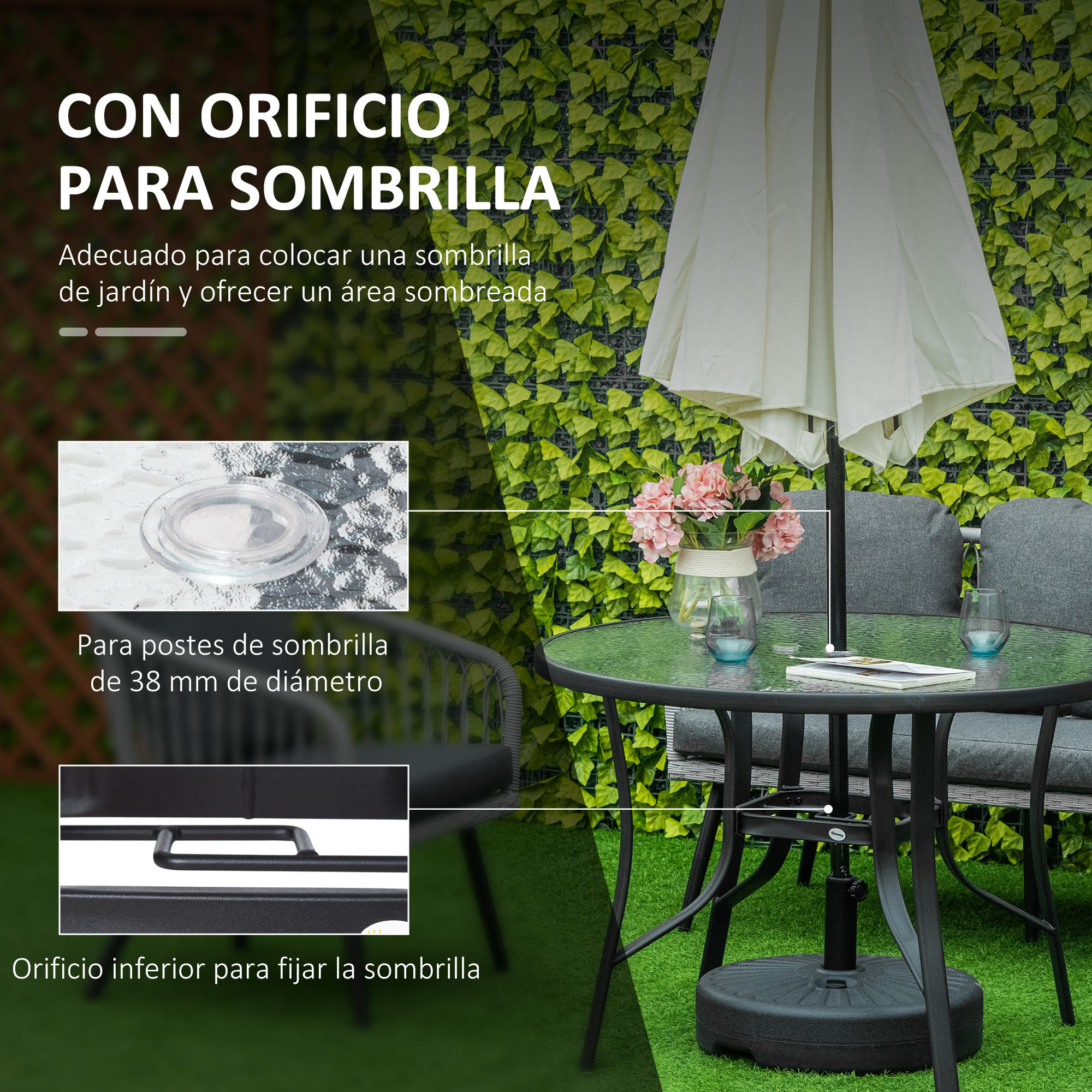 Mesa de Cristal de Jardín con Agujero para Sombrilla Mesa para Comer Redonda con Marco de Acero para Exterior Terraza Balcón Ø106,5x71 cm Negro