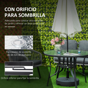 Mesa de Cristal de Jardín con Agujero para Sombrilla Mesa para Comer Redonda con Marco de Acero para Exterior Terraza Balcón Ø106,5x71 cm Negro