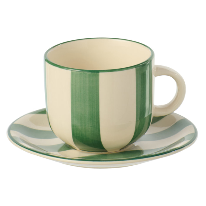J-Line Tasse + Sous-tasse Ligné - céramique - vert/blanc - 6 pièces