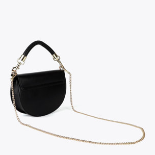 Tracolla a mezza luna con patta, manico intrecciato e dettagli metallici