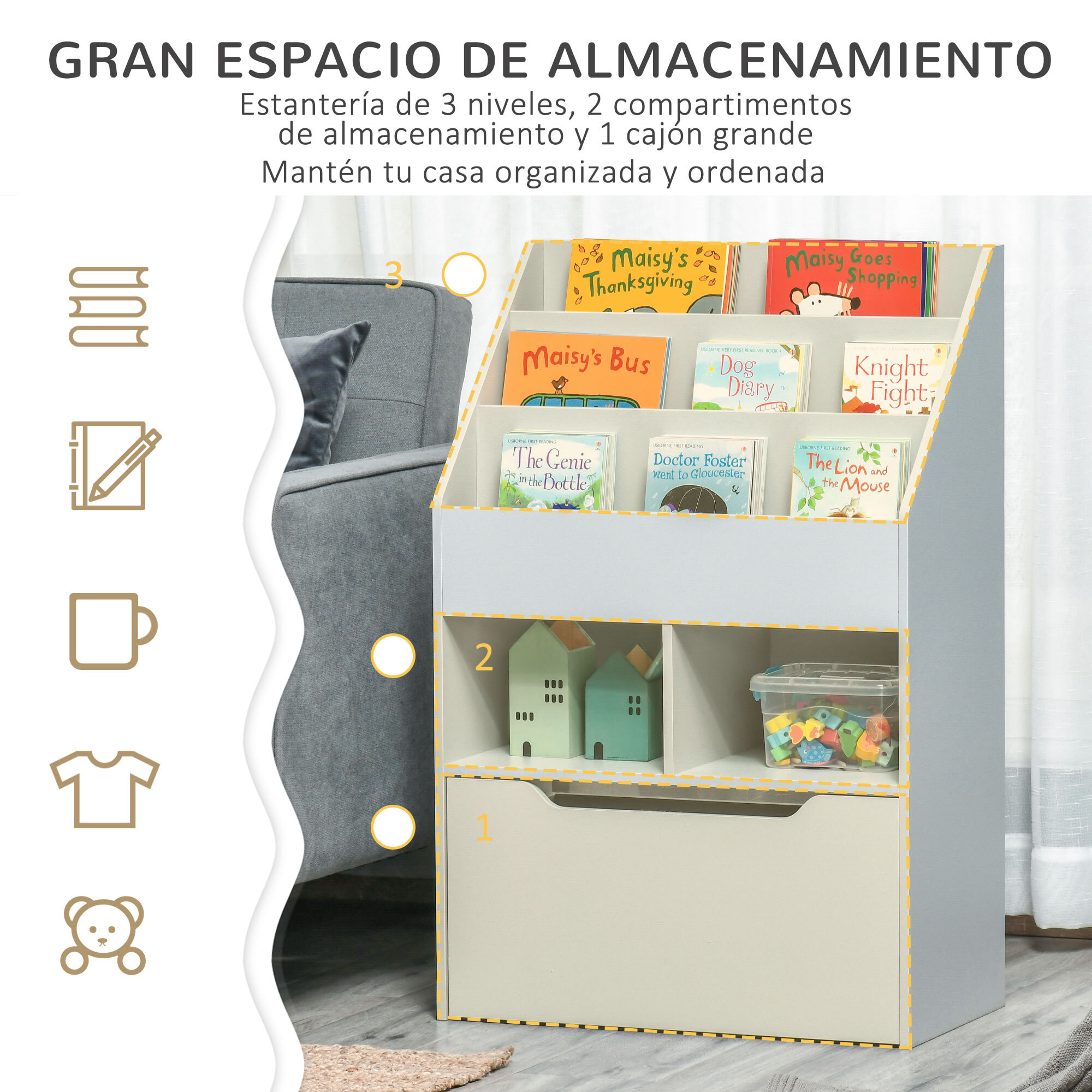 Estantería Infantil con 3 Compartimentos 2 Cubos Cajón y Ruedas 60x29,9x90 cm