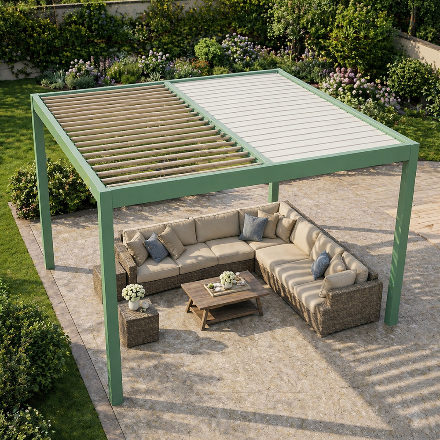 Pergola bioclimatique structure et lames orientables en aluminium vert 3x3m SOPRON