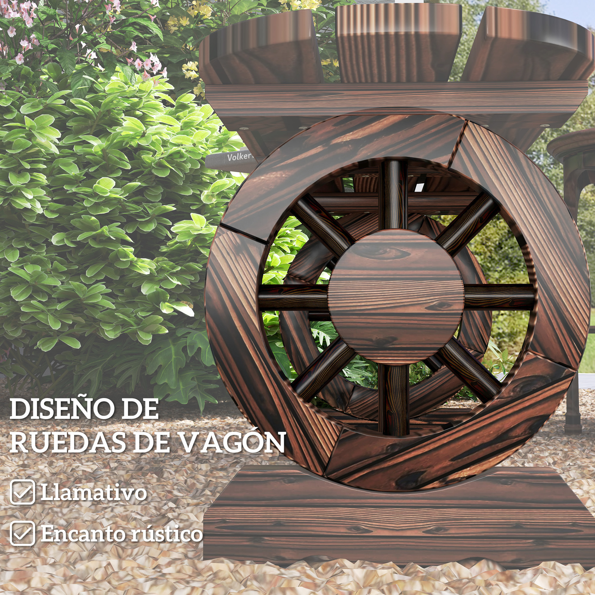 Banco de Jardín de 2 Plazas Banco de Madera con 2 Ruedas Decorativas Estilo Rústico Carga 200 kg para Patio Terraza 120x29x39 cm Carbonizado