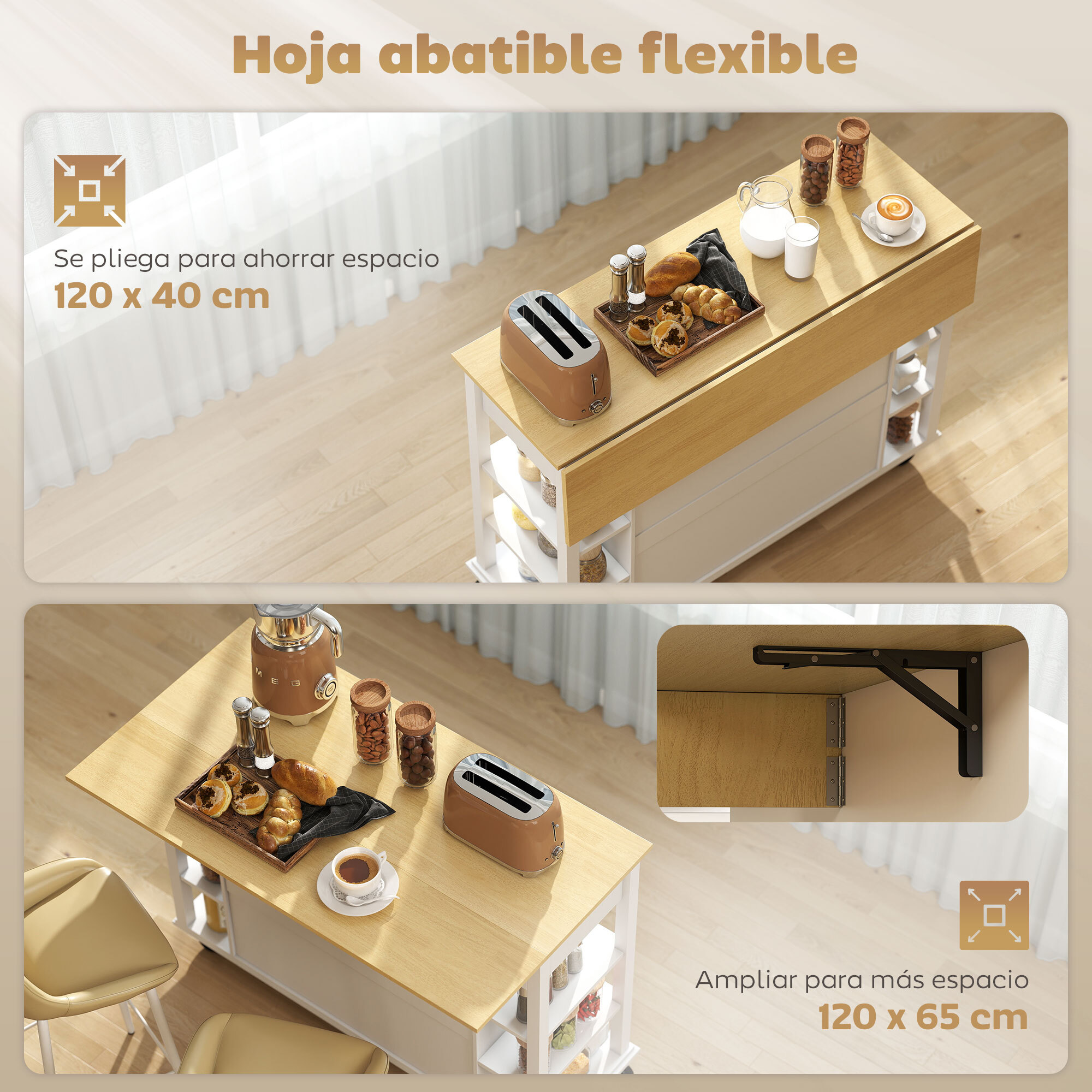 Isla de Cocina con Ruedas, Encimera Plegable, Carro de Cocina con 2 Puertas con Cierre Suave, 2 Cajones, 6 Estantes Abiertos, Blanco