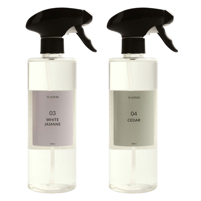 Set de 2 difusores spray de 500ml con aromas de cedro y jazmín blanco scalpers