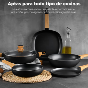 Batería de cocina 10 piezas (3 cacerolas con tapa ø16ø20ø24 + sartén ø24cm + 3 cuchillos) en aluminio prensado para inducción bergner