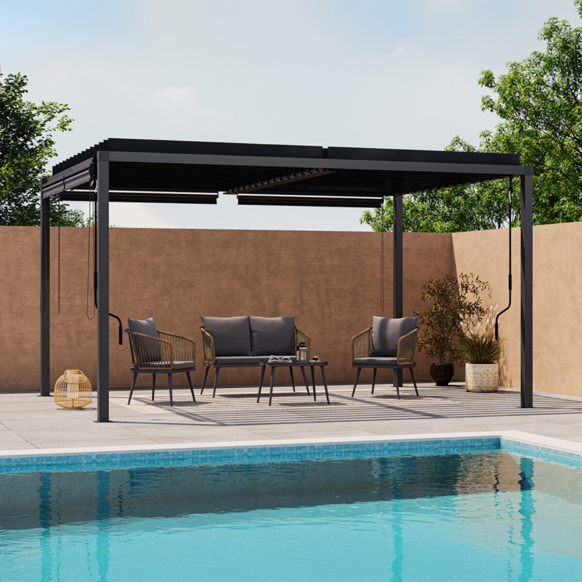 Pergola bioclimatique en acier polycarbonate 3x4m avec stores