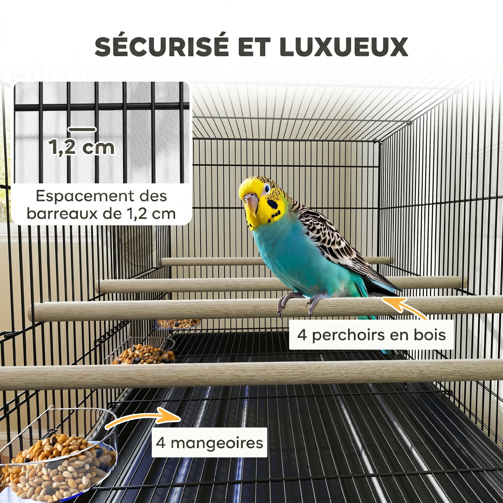 Cage à oiseaux mobile volière acier avec séparateur - 4 perchoirs, mangeoires, portes, trappes, plateau déjection - noir