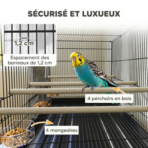 Cage à oiseaux mobile volière acier avec séparateur - 4 perchoirs, mangeoires, portes, trappes, plateau déjection - noir