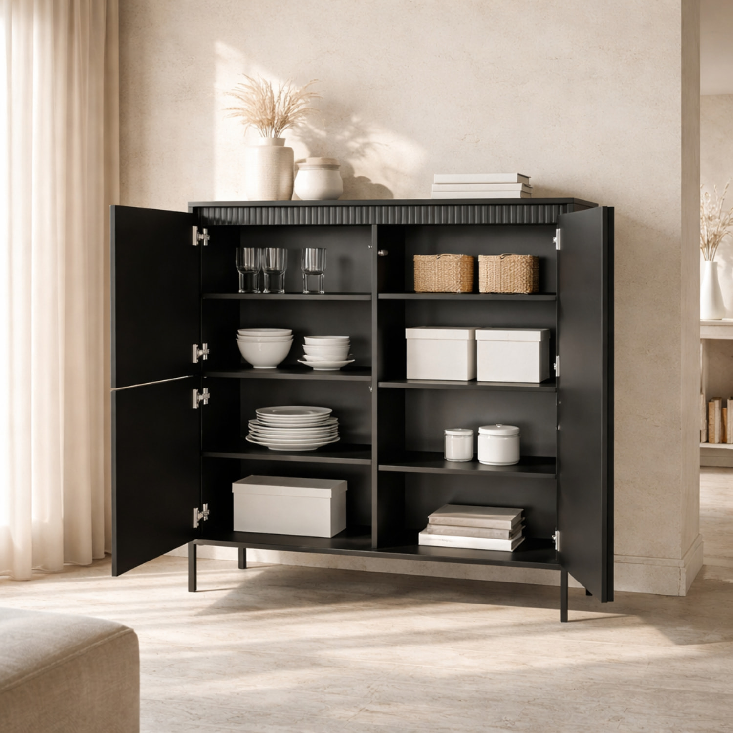 Credenza Alta 3 Ante Push To Open Con 5 Ripiani 7 Vani Mobile Soggiorno Salotto Zona Living Design Moderno Minimal 103.5 x 123.4 x 39.5 Cm Nero