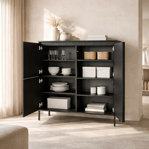 Credenza Alta 3 Ante Push To Open Con 5 Ripiani 7 Vani Mobile Soggiorno Salotto Zona Living Design Moderno Minimal 103.5 x 123.4 x 39.5 Cm Nero