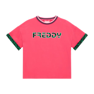 T-shirt con collo in costina e dettagli animalier