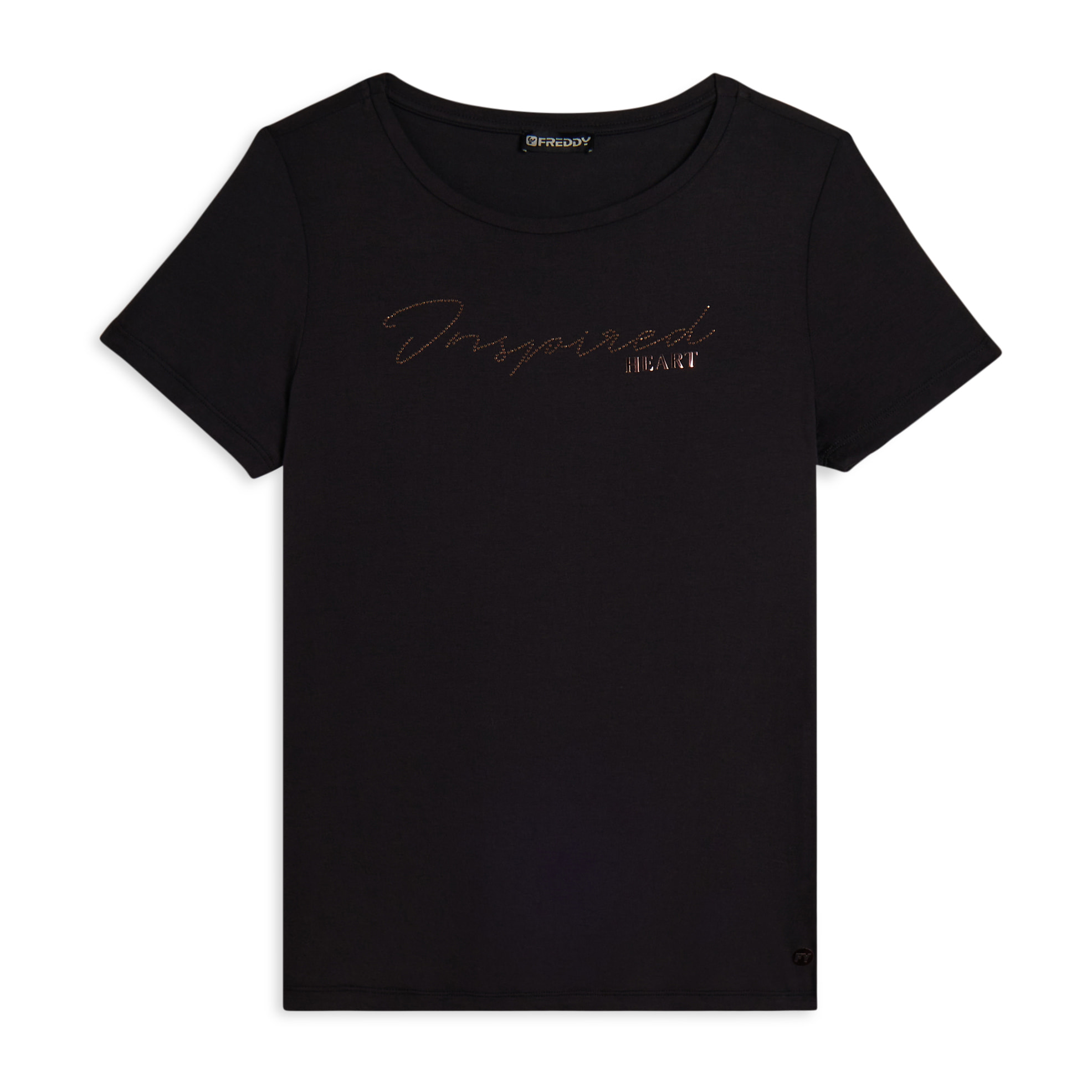T-shirt donna con grafica in strass e logo sul fondo