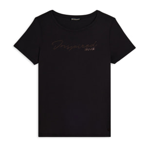 T-shirt donna con grafica in strass e logo sul fondo