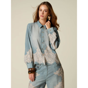 Oltre - Camisa efecto denim con encaje - Light - blue