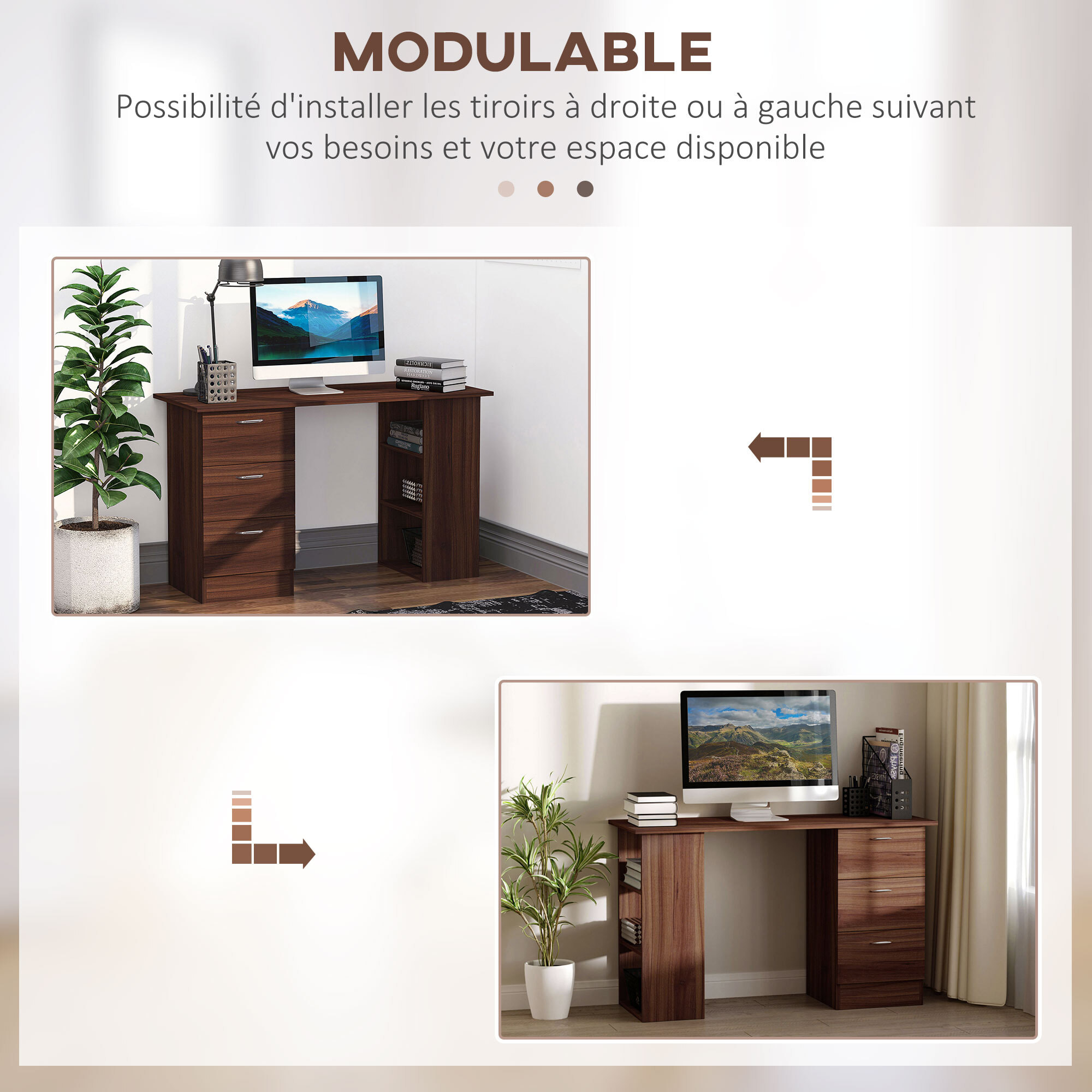 Bureau informatique table multi-fonctions 3 tiroirs 2 étagères dim. 120L x 49l x 72H cm MDF aspect noyer