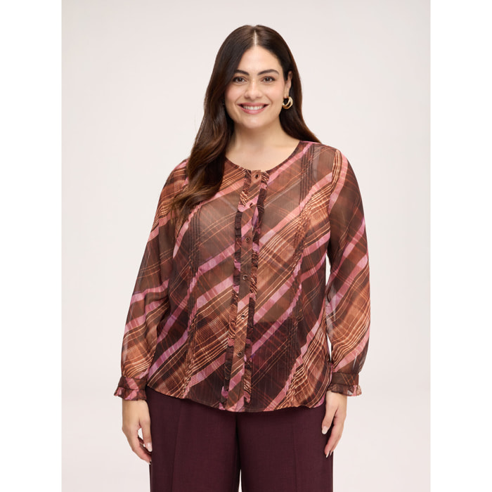 Fiorella Rubino - Camicia con stampa check e balze in georgette - Marrone